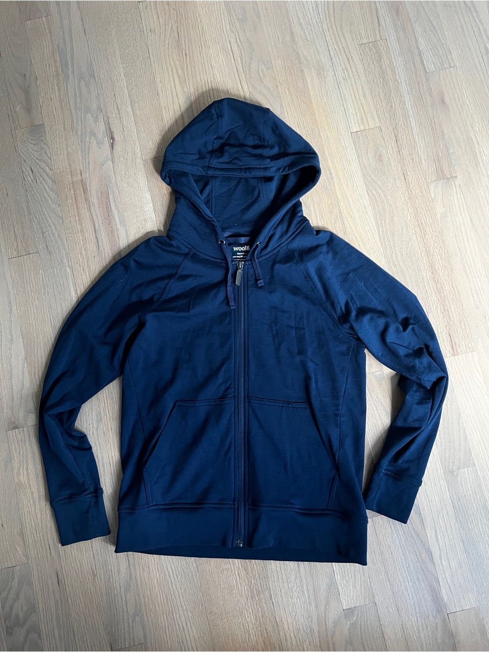 Wool& Wooland Aspen Hoodie Full zip Marine Blue Size S Merino wool French Terry